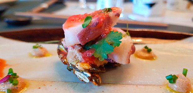 Pulpo acompañado de foie gras, cítricos, ruibarbo y pipas de calabaza garrapiñadas | Foto: J.L. Conde